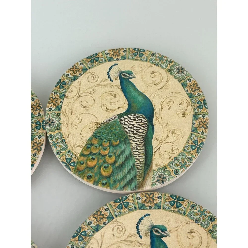 Daphne B Peacock Bird Round Coasters Teal Scrolls Bordered Elegant Pretty (4)